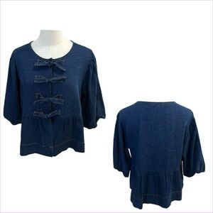 Velvet Heart Navy Bow-Front Cotton Blouse Top Sz L Cottage Romantic Luxe